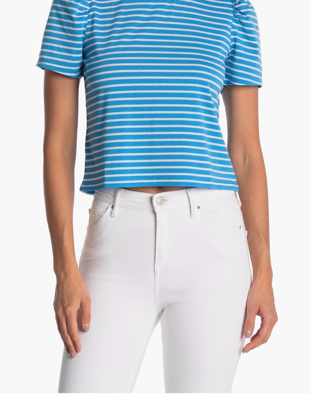 BCBGeneration Blue and White Cropped Striped Short Sleeve Tee